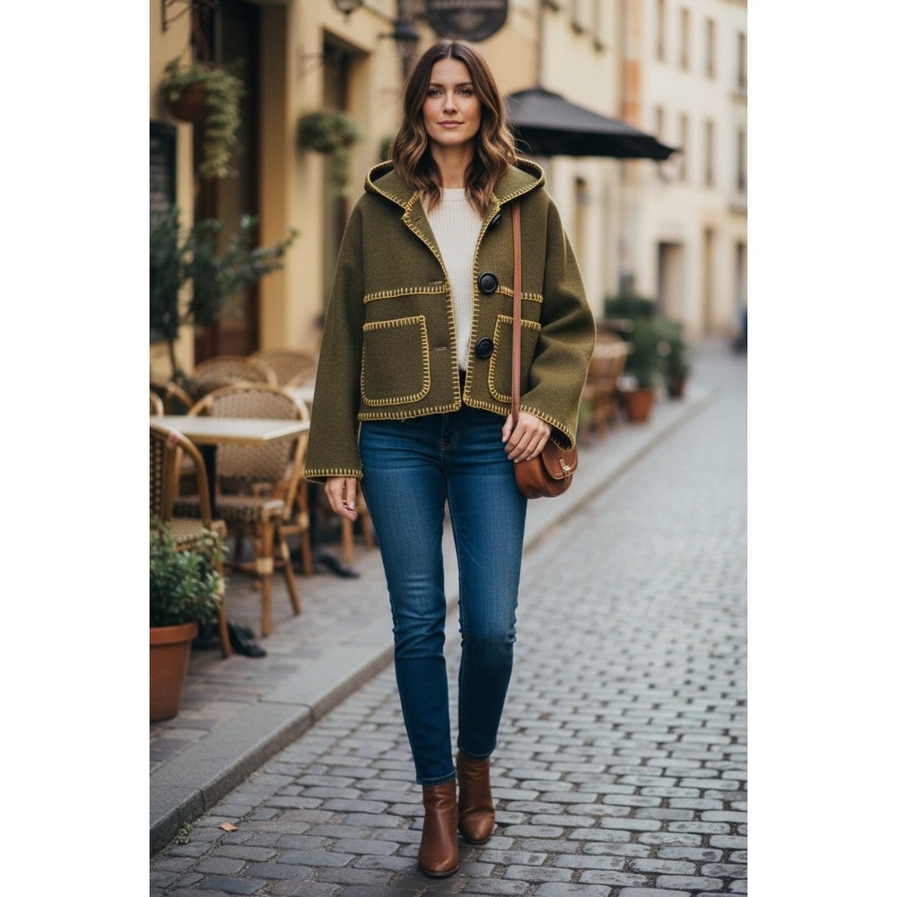Handcrafted Olive Green Wool Hooded Cropped Bog Jacket with Yellow Stitching | L - Picture 2 of 16